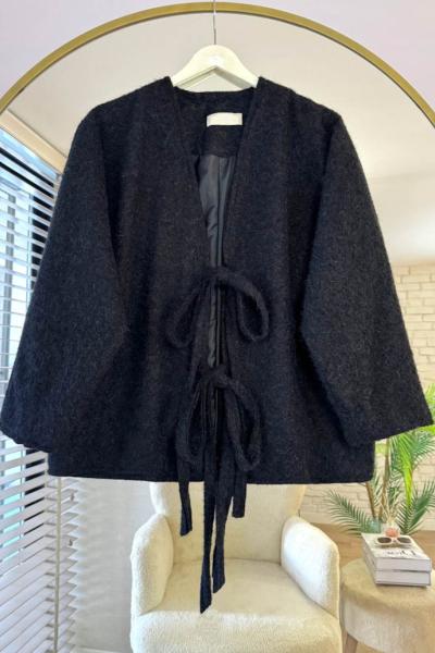 Önü Bağcıklı Kaşmir Ceket Siyah