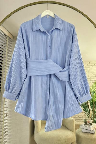 Beli Kuşaklı Armürlü Gömlek Bebe Mavisi