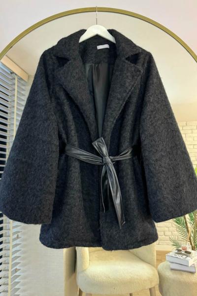 Balon Kol Deri Kuşaklı Ceket Siyah