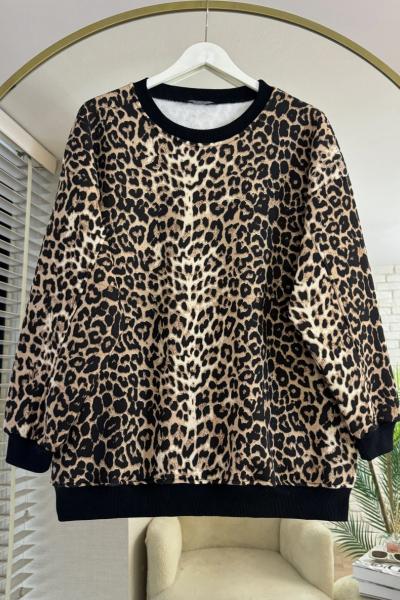 Bisiklet Yaka Leopar Desenli Sweathirt Siyah