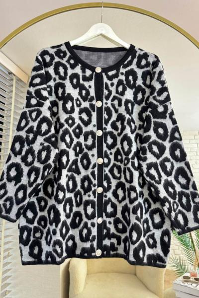 Leopar Desen Triko Hırka Gri