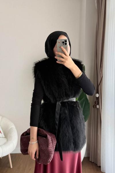 Kuşaklı Kürk Yelek Siyah