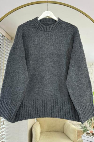 Oversize Bisiklet Yaka Kazak Antrasit