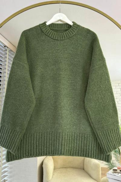 Oversize Bisiklet Yaka Kazak Haki