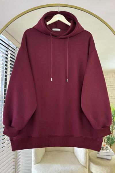Kapüşonlu Oversize Sweatshirt Bordo