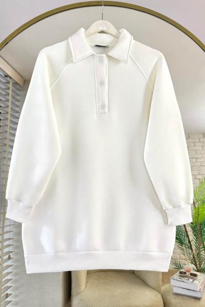 Gömlek Yaka Üç İplik Sweathirt Beyaz