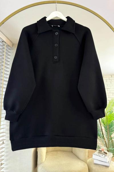 Gömlek Yaka Üç İplik Sweathirt Siyah