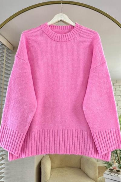 Oversize Bisiklet Yaka Kazak Pembe