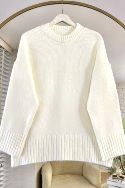 Oversize Bisiklet Yaka Kazak Ekru