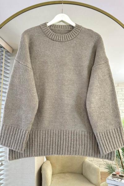 Oversize Bisiklet Yaka Kazak Kum Beji