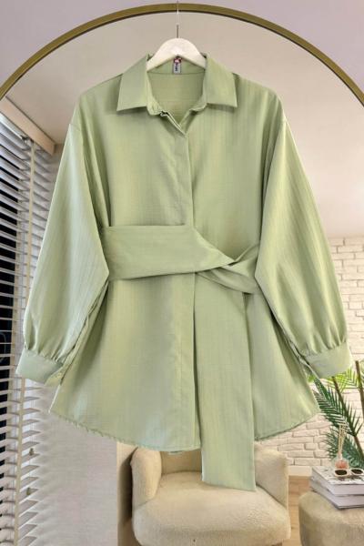 Beli Kuşaklı Armürlü Gömlek Yeşil