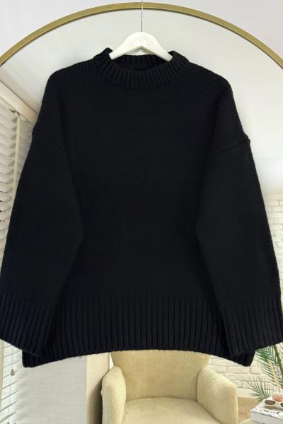 Oversize Bisiklet Yaka Kazak Siyah