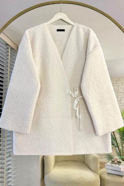 Bağlamalı Buklet Ceket Ekru