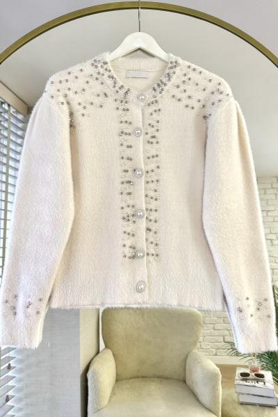 Taşlı Angora Hırka Krem