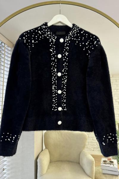 Taşlı Angora Hırka Siyah