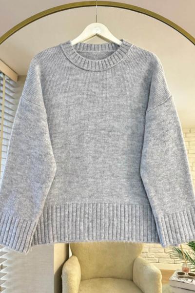 Oversize Bisiklet Yaka Kazak Gri