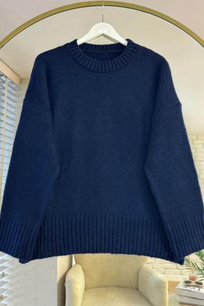 Oversize Bisiklet Yaka Kazak Koyu Lacivert