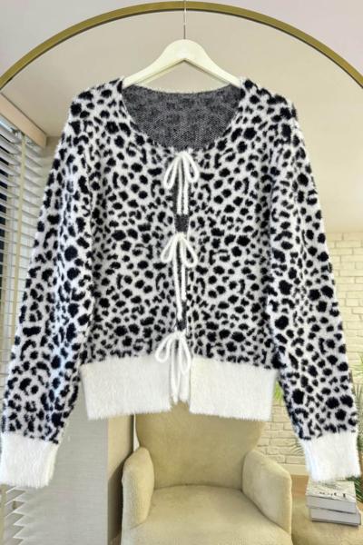 Leopar Desen Bağcıklı Yumoş Hırka  Beyaz