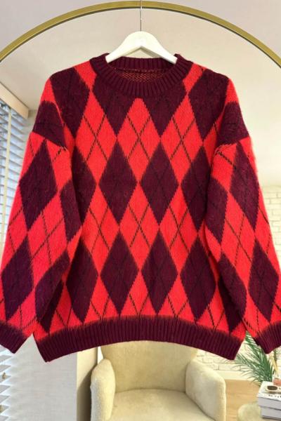 Oversize Baklava Desenli Kazak Nar çiçeği Bordo