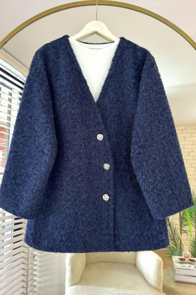 Asimetrik Düğmeli Kaşe Ceket Lacivert