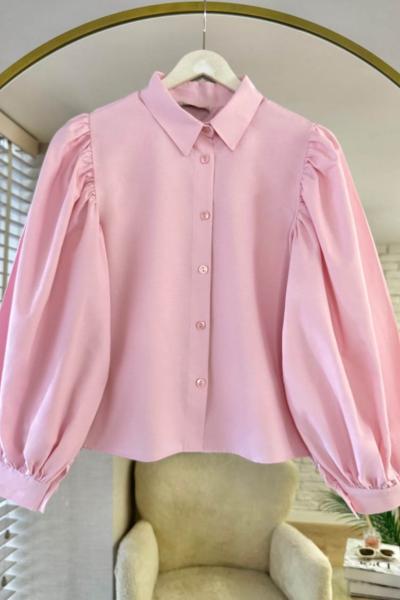 Balon Kol Kısa Gömlek Şeker pembesi