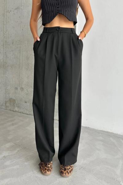 Pileli Palazzo Kumaş Pantolon Siyah