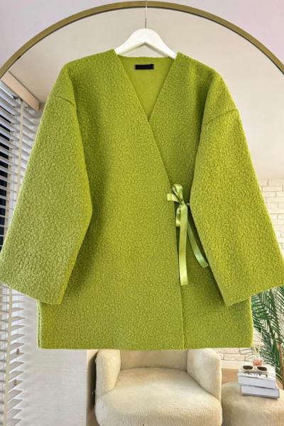 Bağlamalı Buklet Ceket Yağ Yeşili