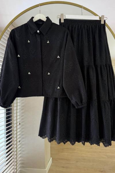 Taş Detaylı Brode Etekli Takım Siyah