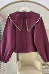 Yakası İncili Bluz Bordo
