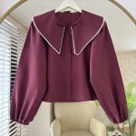 Yakası İncili Bluz Bordo