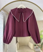Yakası İncili Bluz Bordo