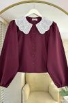 Boncuk Yakalı Kısa Gömlek Bordo