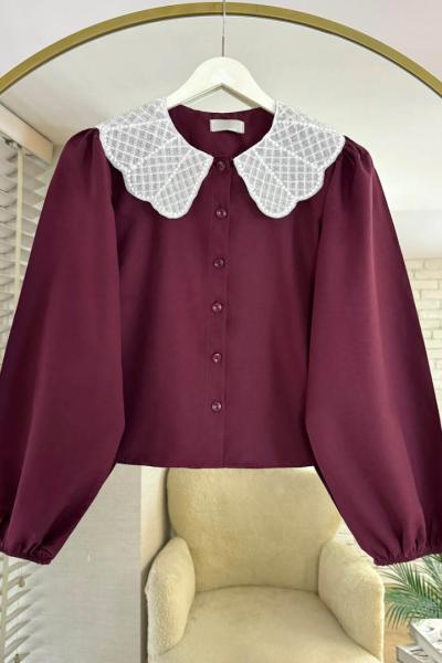 Boncuk Yakalı Kısa Gömlek Bordo