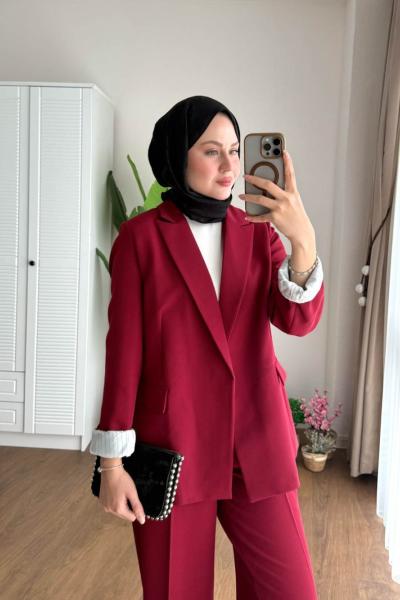 Çizgi Astarlı Double Ceket Bordo