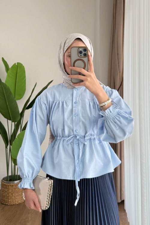 Beli Tünelli Kısa Gömlek Bebe Mavisi