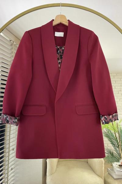 Leopar Astarlı Ceket Bordo