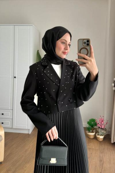 Taşlı Crop Ceket Siyah