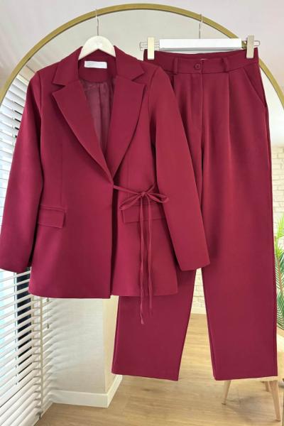 Yandan Bağlamalı Ceketli Takım Bordo