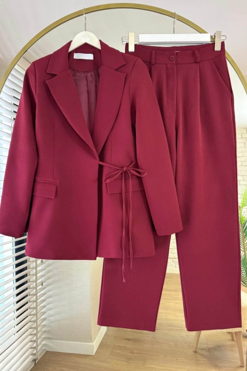 Yandan Bağlamalı Ceketli Takım Bordo