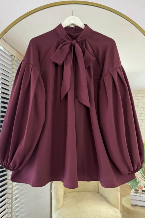 Yakası Bağlamalı Salaş Tunik Bordo