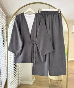 Bağlamalı Keten Kimono Takım Antrasit