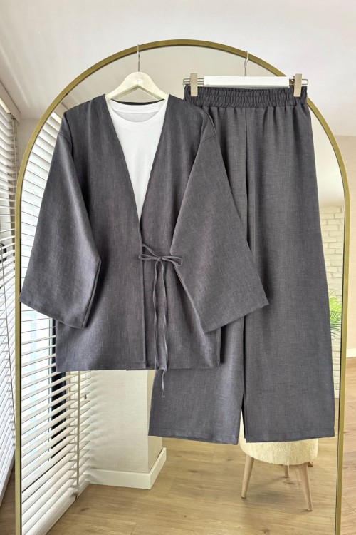 Bağlamalı Keten Kimono Takım Antrasit