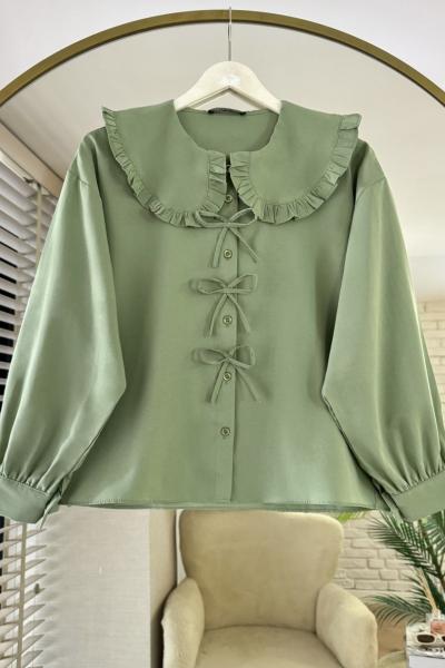 Marul Yaka Fiyonklu Kısa Gömlek Çağla Yeşili