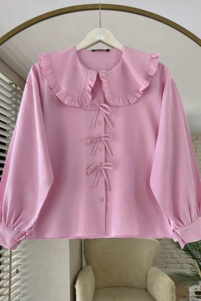 Marul Yaka Fiyonklu Kısa Gömlek Pembe
