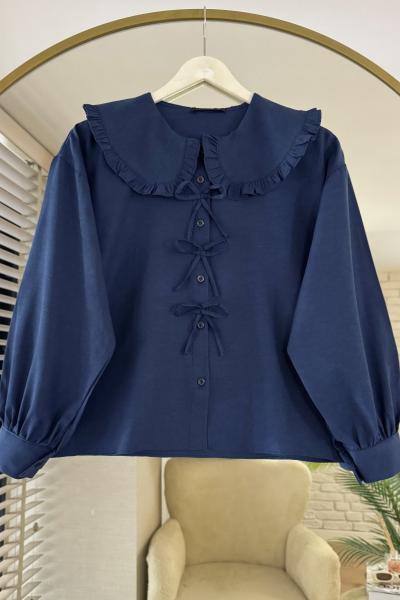 Marul Yaka Fiyonklu Kısa Gömlek Lacivert