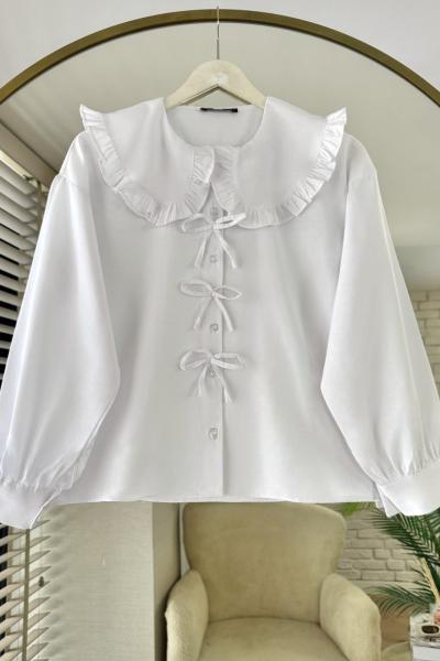 Marul Yaka Fiyonklu Kısa Gömlek Beyaz