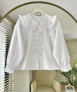 Marul Yaka Fiyonklu Kısa Gömlek Beyaz