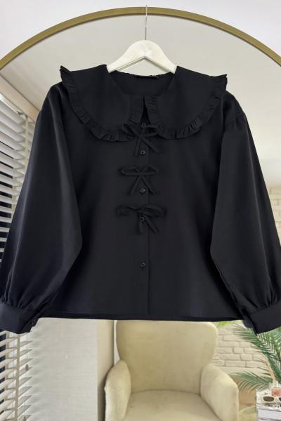 Marul Yaka Fiyonklu Kısa Gömlek Siyah