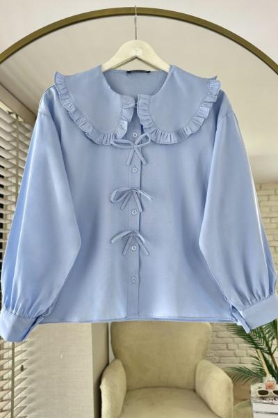 Marul Yaka Fiyonklu Kısa Gömlek Mavi