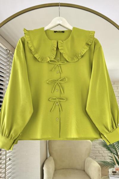 Marul Yaka Fiyonklu Kısa Gömlek Yağ Yeşili